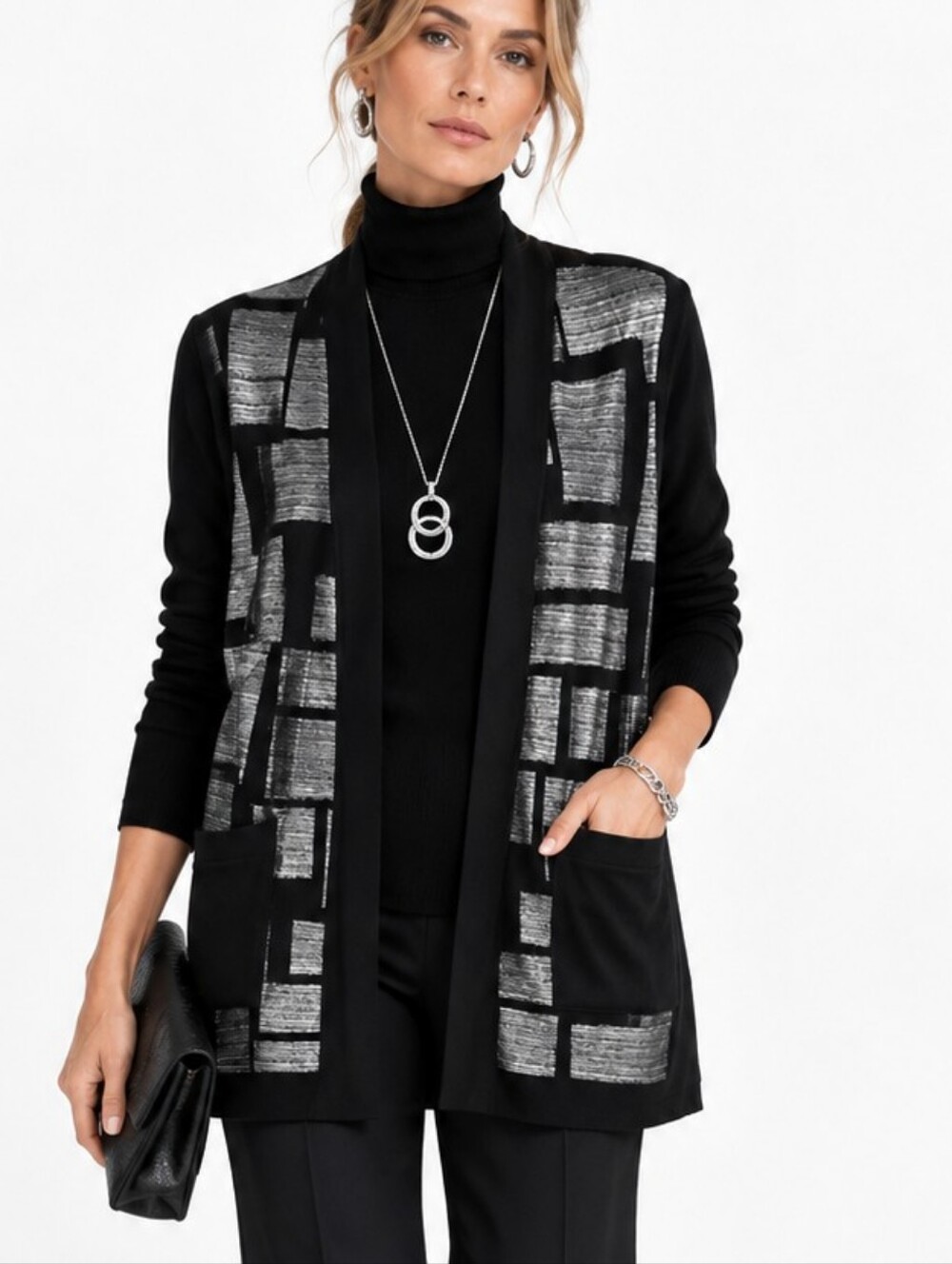 Joseph Ribkoff Jacket Silver Metallic Black Mesh Inserts Cardigan Style